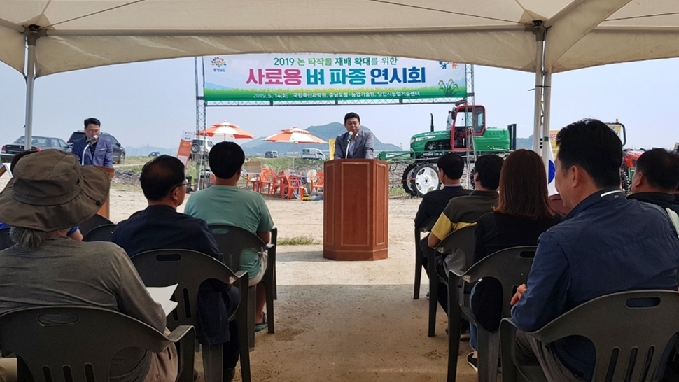 충남도 농업기술원이 14일 충남 당진시 석문면 난지도리에서 연 연시회에서 사료용 벼인 총체벼에 대해 설명하고 있다. 충남도 농업기술원 제공