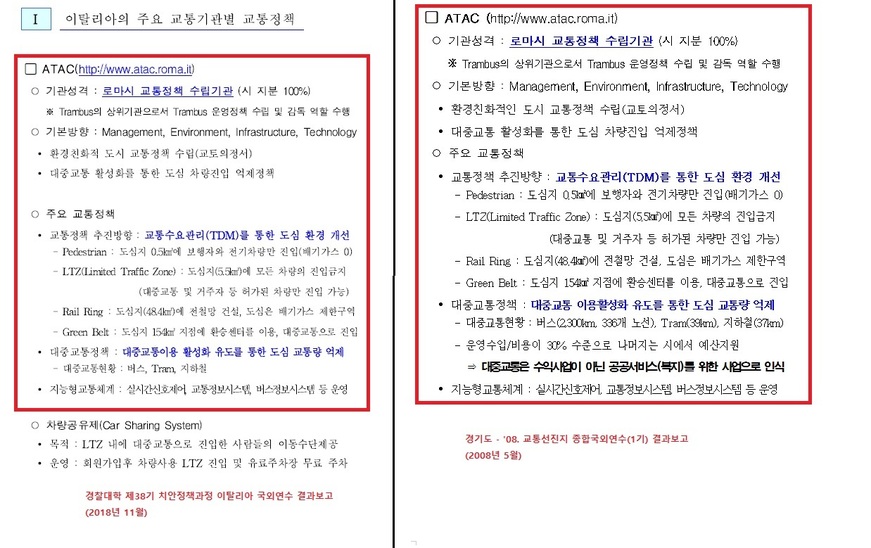 2018년 경찰대학 치안정책과정 38기생의 보고서(왼쪽)와 2008년 경기도 교통국의 보고서(오른쪽). ‘투명사회를 위한 정보공개센터’ 제공.