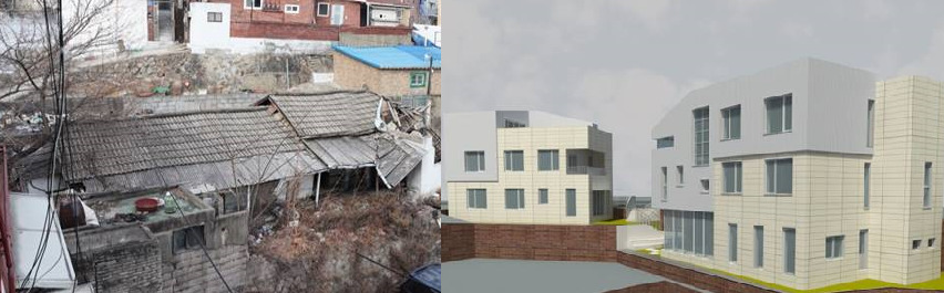 강북구 삼양동에 버려졌던 두 채의 빈집이다(오른쪽). 이 집들은 셰어하우스 11호와 주민공동이용시설로 바뀐다(왼쪽). 서울시 제공