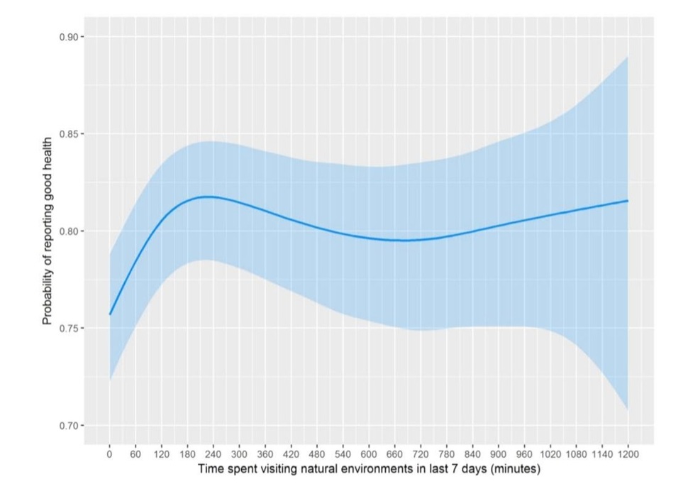 자신이 건강하다고 느낄 확률은 전 주에 120분 자연과 접한 사람부터 현저히 커져 200∼300분에서 최대치를 기록했다. 가로축은 지난 1주 동안 자연과 접한 시간(분), 세로축은 스스로 건강하다고 대답할 확률. 매슈 화이트 외 (2019) ‘사이언티픽 리포트’ 제공.