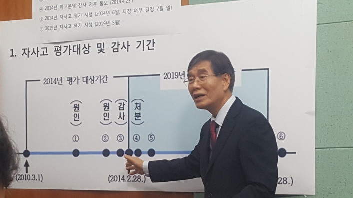 박삼옥 전주 상산고 교장이 2일 전북도의회에서 전북교육청의 이번 자사고 평가기간이 잘못됐다고 주장하며 시점이 나오는 표를 보며 설명하고 있다. 박임근 기자