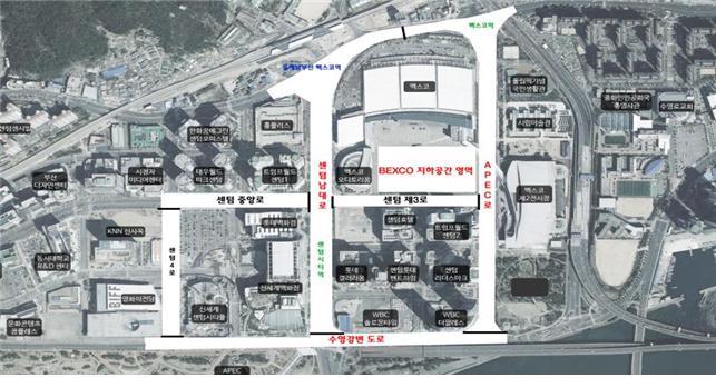 부산 센텀시티 지하공간 위치도. 빨간색 도로 3곳과 벡스코 주차장 아래에 조성된다. 부산시 제공