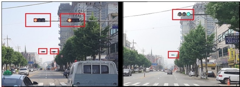 인천 부평구 산곡북초등학교 교차로에 설치된 ‘온-오프’ 신호등. 설치 전(왼쪽) 신호등은 고장에 대비해 2대씩 설치했으나 신규 설치 후(오른쪽) 신호등은 고장 나도 완전히 점멸되지 않아 1대만 설치돼 있다.