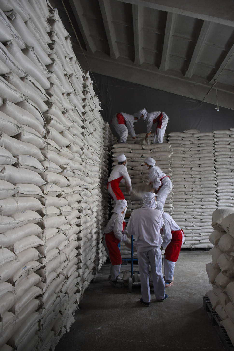 2016년 북한의 한 세계식량계획(WFP) 지원 공장에서 직원들이 식량을 쌓고 있다. 세계식량계획 제공