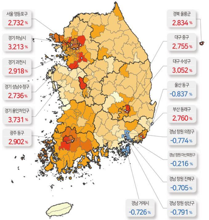 2019년 상반기 땅값 상승률 시군구별 색인도 (※ 그래픽을 누르면 크게 볼 수 있습니다.)