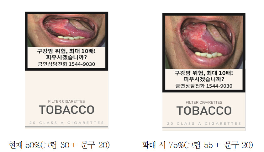 담뱃갑 경고그림 및 문구는 현재 담뱃갑의 절반 크기이나, 올해 12월부터는 75%로 확대하는 안이 입법예고됐다. 그림은 75%로 확대될 경우의 시안이다. 자료 : 보건복지부