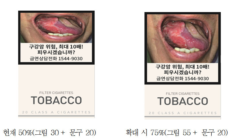 담뱃갑 경고 그림 및 문구 담뱃갑의 75%로 확대