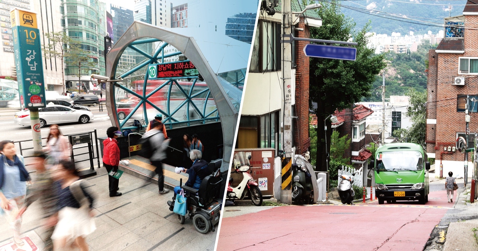 서울 강남구 역삼동 강남역 출입구와 강북 한 동네의 오르막길에서 마을버스가 운행되는 모습. 사진 강재훈 선임기자 khan@hani.co.kr, 김정효 기자 hyopd@hani.co.kr