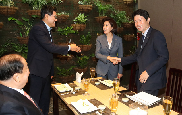 19일 오후 서울 여의도의 한 식당에서 문희상 국회의장과 여야 3당 원내대표들이 오찬에 앞서 인사를 나누고 있다. 왼쪽부터 문 의장, 오신환 바른미래당 원내대표, 나 원내대표, 이인영 더불어민주당 원내대표. 공동취재사진