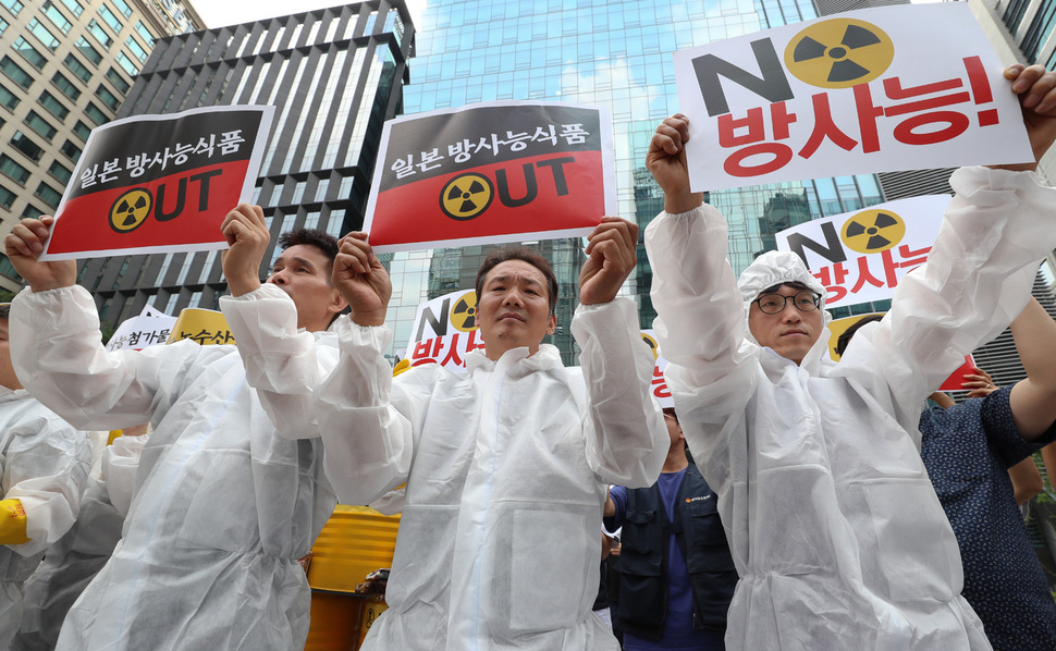 지난달 일본제품 판매중단을 선언한 한국중소상인자영업자총연합회 회원들이 28일 오전 서울 종로구 옛 일본대사관 앞에서 기자회견을 열어 대기업들이 수입한 일본산 식품첨가물이 사용된 제품과 함량, 제조공장과 일본 내 원산지를 밝히는 운동을 벌이겠다고 밝히고 있다. 김정효 기자