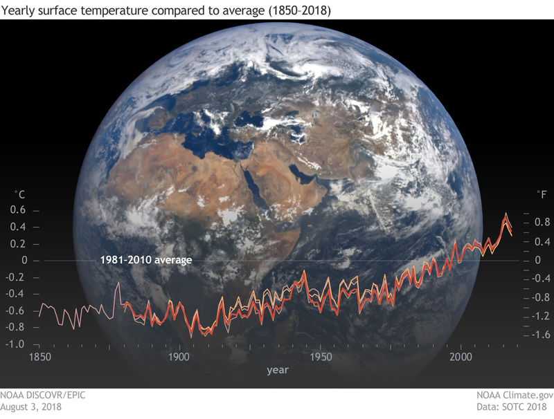2015~2018년 연평균기온은 역대 1~4위를 차지했다. 올해 1~7월까지 기온이 역대 2위권이어서 연평균기온 순위도 상위권에 들 것으로 예상한다. 미국 해양대기청 제공
