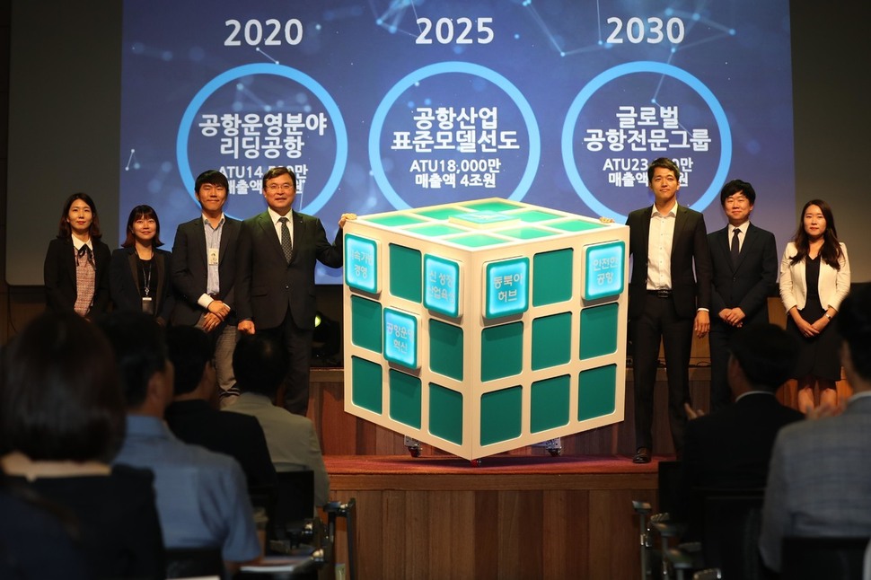 2일 오후 인천 중구 인천공항공사에서 열린 '인천공항 비전 2030 선포식'에서 구본환 사장과 직원들이 비전 선포 퍼포먼스를 하고 있다. 인천/박종식 기자 anaki@hani.co.kr