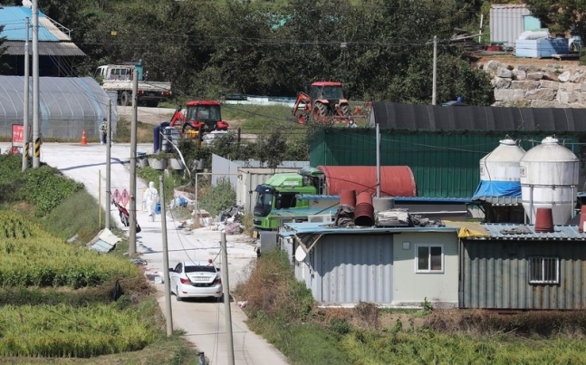 지난 24일 경기도 파주시 한 양돈농가에서 아프리카돼지열병(ASF)이 추가로 발생해 방역 관계자들이 출입을 통제하고 돼지 도살 처분을 하고 있다. 파주/신소영 기자 viator@hani.co.kr