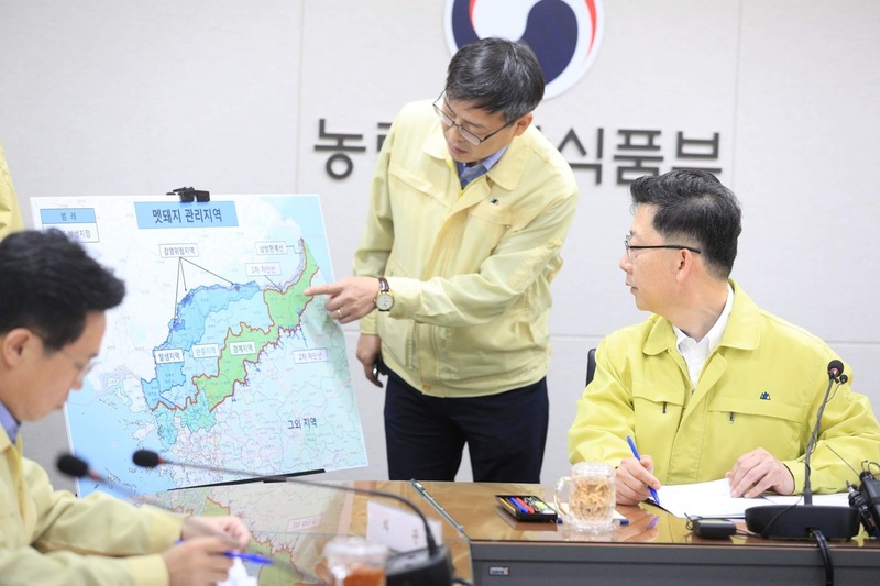 13일 오전 정부세종청사에서 열린 아프리카돼지열병 상황 점검회의에서 김현수 농림축산식품부 장관(오른쪽)이 멧돼지 관리지역 지도를 살펴보고 있다. 농식품부 제공