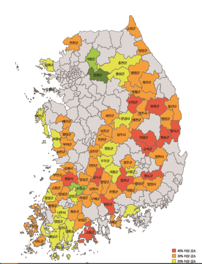 한국고용정보원이 인구 감소, 고령화 지수 등을 통해 분석한 전국 자치단체 소멸위기 지도. 한국고용정보원 제공