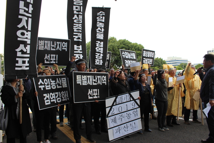 제주지역 농민단체들이 지난 15일 국회 농림축산해양위원회의 제주도에 대한 국정감사가 열린 제주도청 앞에서 특별재난지역 선포 등을 요구하며 시위를 벌였다.