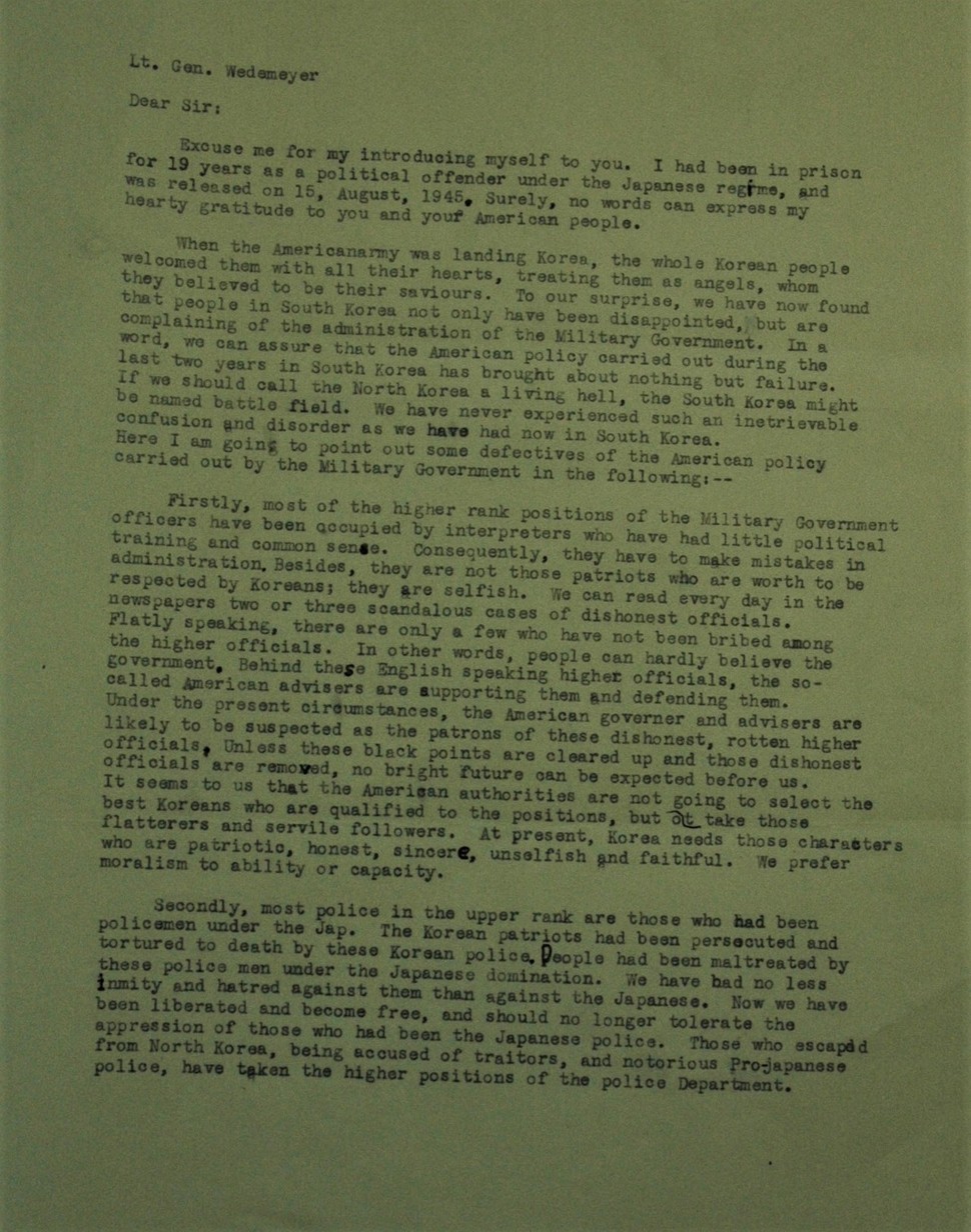 독립운동가 출신의 민족주의자 정이형은 웨더마이어 특사에게 보낸 편지에서 “부패한 관리, 사리사욕만 채우려 드는 기업가와 상인, 악명 높은 친일파 경찰이 판치고 있다는 것을 명심하기 바랍니다”라고 적었다. 정용욱 교수 제공