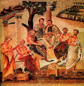 고전 그리스어·라틴어를 배우는 공부 모임이 늘고 있다. 그림은 고대 그리스의 소피스트들이 강의하고 토론하는 장면을 담은 작자 미상의 모자이크화.