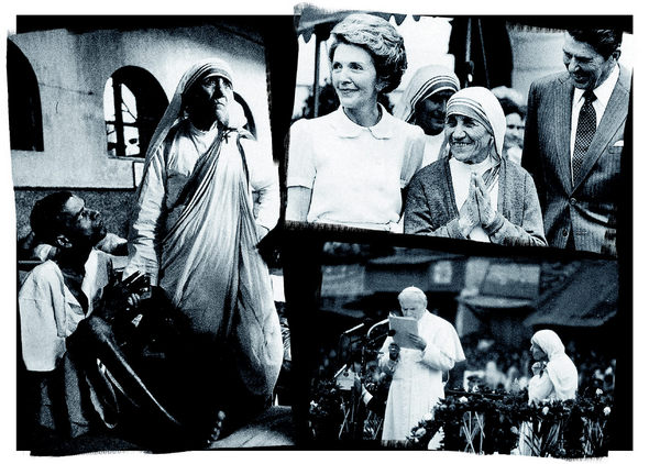 테레사 수녀가 종교사업가에 지나지 않았다는 주장을 우리는 어떻게 받아들여야 할까? 인도 콜카타 사랑의 선교회에서 환자와 함께(왼쪽), 그리고 레이건 대통령 부부(오른쪽 위), 교황 바오로 2세와 함께한 테레사 수녀.