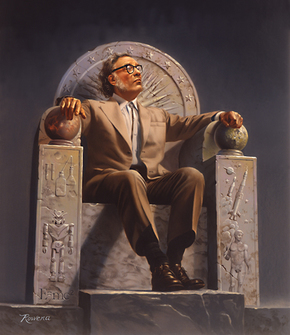 아이작 아시모프가 자신의 평생 업적을 상징하는 그림들이 새겨진 옥좌에 앉아 있는 그림. 사진 출처 : 위키미디어