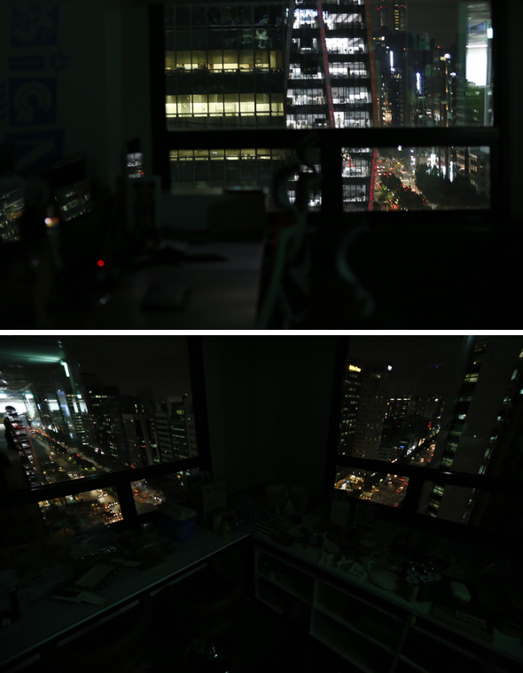 2014년 11월6일 저녁 7시30분 서울 강남구 테헤란로 유한킴벌리 본사 6개층 사무실 전등이 일제히 꺼졌다. 이 회사는 ‘불필요한 야근’ 관행이 쉽게 사라지지 않자, 2012년 1월부터 매일 저녁 7시30분 ‘강제 소등’을 하고 있다. 이종근 기자 root2@hani.co.kr