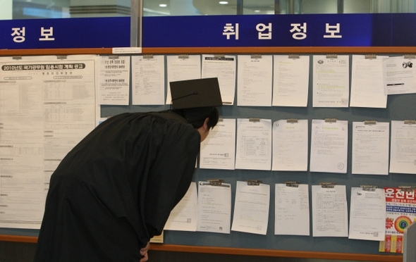 졸업식을 마친 대학생이 학사모를 쓴 채 학교 취업게시판을 살펴보고 있다. 신소영 기자 viator@hani.co.kr
