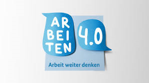 독일 ‘노동 4.0’의 엠블럼. “노동을 계속 생각하다”라는 말이 씌어 있다.