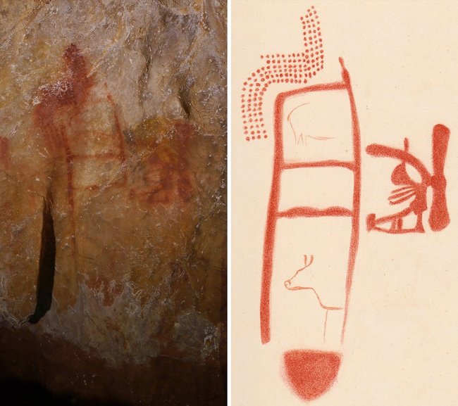 네안데르탈인이 6만4800년 전 스페인 동굴에 그린 것으로 분석된 벽화(왼쪽)와 추출 이미지. 동물 문양은 그린 연대가 확인되지 않았다. 출처: 사이언스