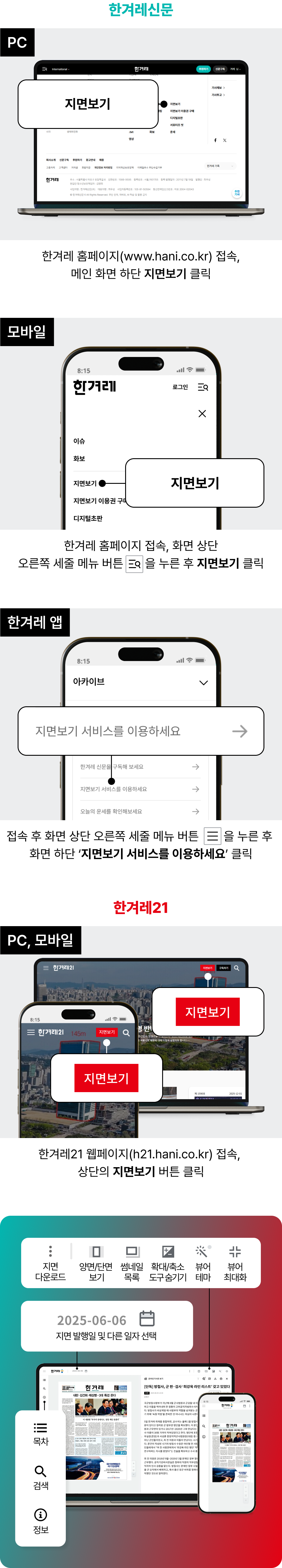 한겨레신문 pc 한겨레 홈페이지 (www.hani.co.kr) 접속, 메인 화면 하단 지면보기 클릭. 모바일 한겨레 홈페이지 접속, 화면 상단 오른쪽 세줄 메뉴 버튼을 누른 후 지면보기 클릭. 한겨레 앱 접속 후 화면 상단 오른쪽 세줄 메뉴 버튼을 누른 후 화면 하단 '지면보기 서비스를 이용하세요' 클릭. 한겨레21 pc,모바일 한겨레21 웹페이지(h21.hani.co.kr) 접속, 상단의 지면보기 버튼 클릭