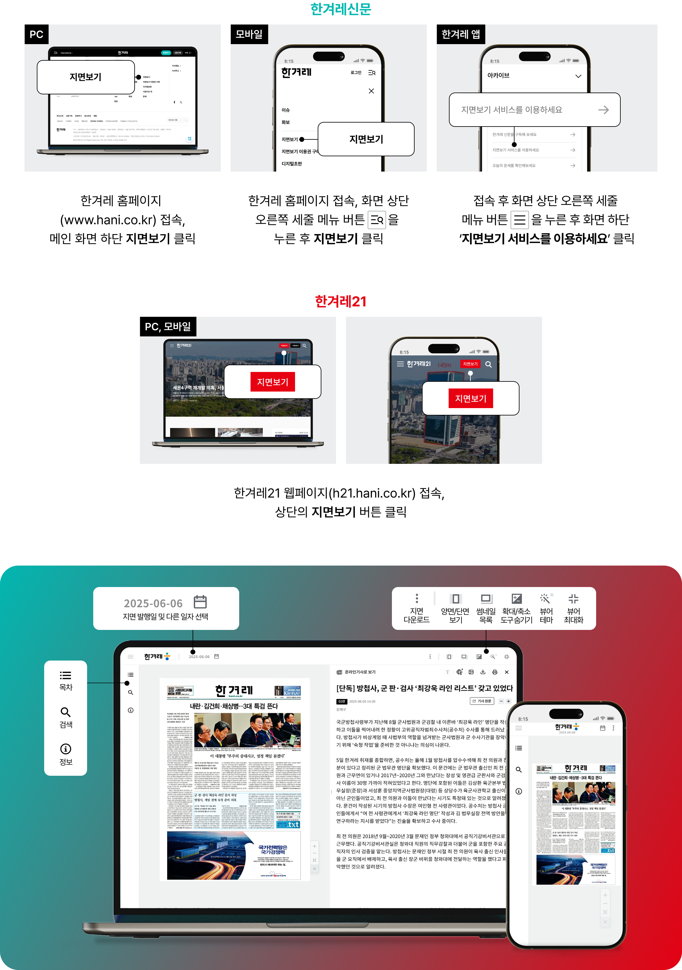 한겨레신문 pc 한겨레 홈페이지 (www.hani.co.kr) 접속, 메인 화면 하단 지면보기 클릭. 모바일 한겨레 홈페이지 접속, 화면 상단 오른쪽 세줄 메뉴 버튼을 누른 후 지면보기 클릭. 한겨레 앱 접속 후 화면 상단 오른쪽 세줄 메뉴 버튼을 누른 후 화면 하단 '지면보기 서비스를 이용하세요' 클릭. 한겨레21 pc,모바일 한겨레21 웹페이지(h21.hani.co.kr) 접속, 상단의 지면보기 버튼 클릭